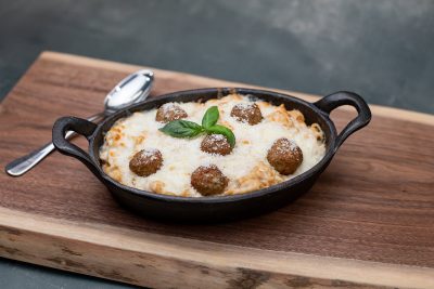 Baked Ramen Alfredo with Turkey Meatballs