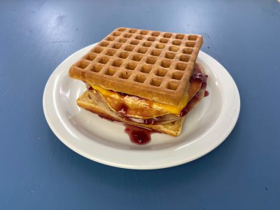 Maple Raspberry Turkey Waffle Breakfast Sandwich