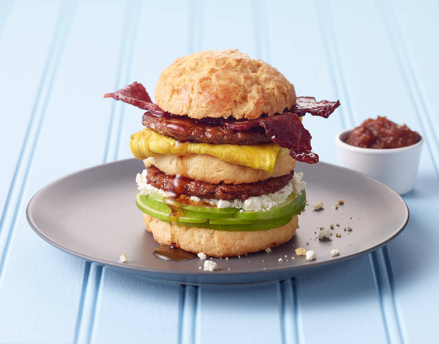 Triple Decker Towering Biscuit Breakfast Sandwich